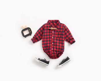 Baby Boy Plaid Pattern Buttoned Shirt With Pockets Long Sleeve Onesies In Autumn - 80 (9-12M) - Red