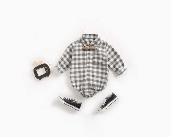 Baby Boy Plaid Pattern Buttoned Shirt With Pockets Long Sleeve Onesies In Autumn - 80 (9-12M) - Grey