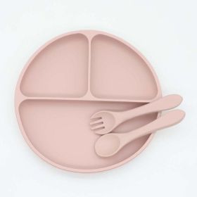 Baby Silicone Round Sucker Compartment Dinner Plate With Spoon Fork Sets - Average Size (0-8Y) - Light Pink