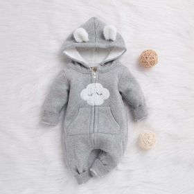 Baby Cartoon Cloud Pattern Zipper Front Solid Color Fleece Rompers With Hat - 110 (3-5Y) - Grey