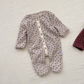 Baby Ditsy Flower Pattern Full Button Design Waffle Knit Rompers - 73 (6-9M) - Apricot