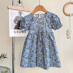 Baby Girl Floral Embroidered Pattern Lace Patchwork Design Backless Puff-Sleeved Dress - 120 (5-7Y) - Blue