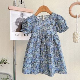 Baby Girl Floral Embroidered Pattern Lace Patchwork Design Backless Puff-Sleeved Dress - 140 (8-10Y) - Blue