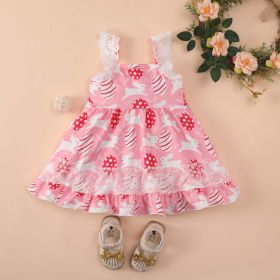 Baby Girl Rabbit & Egg Graphic Mesh Patchwork Design Sleeveless Dress - 120 (5-7Y) - Pink