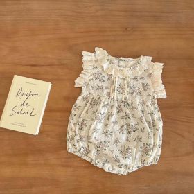 Baby Floral Print Lace Ruffle Design Sleeveless Onesies - 73 (6-9M) - Apricot