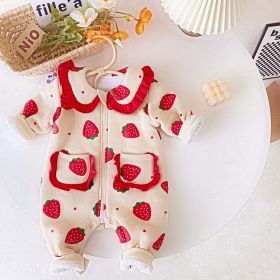 Baby Girl Strawberries Print Zipper Front Design Lace Patchwork Warm Quilted Romper - 90 (12-24M) - Red