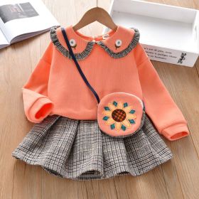 Baby Girl Floral Patches Doll Neck Pullover Hoodie Combo Pleated Skirt Sweet Vintage Style Sets - 110 (3-5Y) - Orange