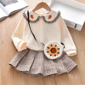 Baby Girl Floral Patches Doll Neck Pullover Hoodie Combo Pleated Skirt Sweet Vintage Style Sets - 120 (5-7Y) - Beige