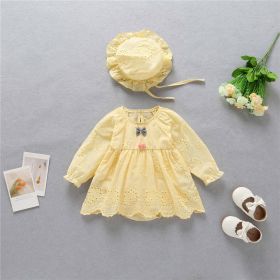 Baby Solid Yellow Hollow Carved Design Long Sleeves Bow Dress & Hat - 90 (12-24M) - Yellow