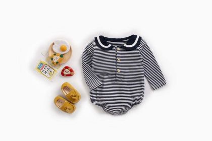 Baby Girl Striped Pattern Sailor Collar Design Fashion Long Sleeves Bodysuit Onesie - 80 (9-12M) - Black