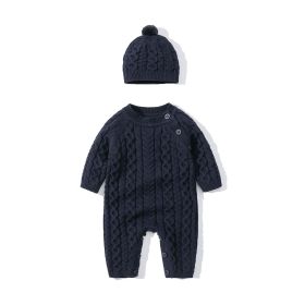 Baby Solid Color Crochet Knitted Pattern Shoulder Button Design Rompers - 80 (9-12M) - Navy Blue (Dark Blue)