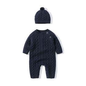 Baby Solid Color Crochet Knitted Pattern Shoulder Button Design Rompers - 90 (12-24M) - Navy Blue (Dark Blue)