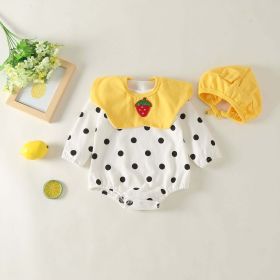 Baby Girl Polka Dot Pattern Strawberry Embroidered Doll Neck Detachable Design Bodysuit & Hat - 73 (6-9M) - Yellow