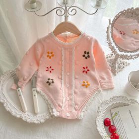 Baby Girl Flower Embroidered Pattern Button Front Design Knit Bodysuit - 66 (3-6M) - Pink