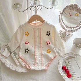 Baby Girl Flower Embroidered Pattern Button Front Design Knit Bodysuit - 100 (2-3Y) - White