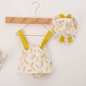 Baby Girl Floral Print Bow Decoration Design Sling Dress Onesies With Hat - 80 (9-12M) - Yellow