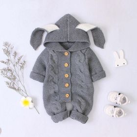 Baby Solid Color Crochet Knitted Graphic 3D Bunny Ears Patched Design Romper Jumpsuit - 73 (6-9M) - Grey