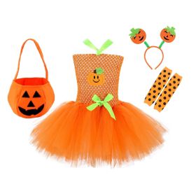 Children's Halloween Pumpkin Tutu Dress With 3-Pieces Jewelry - Kids L (120-130) - Orange