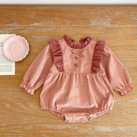 Baby Girl Plaid Pattern Corduroy Collar Bow Decoration Bodysuit - 66 (3-6M) - Pink