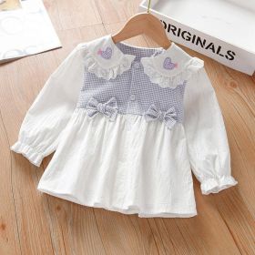 Baby Girl Plaid Patchwork Pattern Mesh Doll Neck Bow Patched Sweet Blouse - 140 (8-10Y) - Purple