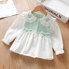 Baby Girl Plaid Patchwork Pattern Mesh Doll Neck Bow Patched Sweet Blouse - 90 (12-24M) - Green