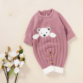 Baby Bear Jacquard Design Long Sleeve Cute Knitted Jumpsuits - 80 (9-12M) - Pink