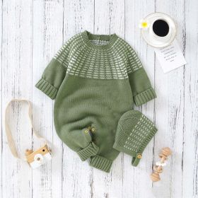 Baby Solid Color Vintage Style Embroidered Design Long Sleeve Knitted Jumpsuit - 66 (3-6M) - Green