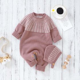 Baby Solid Color Vintage Style Embroidered Design Long Sleeve Knitted Jumpsuit - 80 (9-12M) - Pink