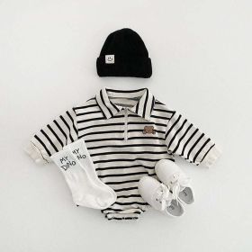 Baby Striped & Cartoon Patched Graphic Polo Neck Long Sleeves Bodysuit Onesies - 73 (6-9M) - Black