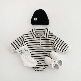 Baby Striped & Cartoon Patched Graphic Polo Neck Long Sleeves Bodysuit Onesies - 80 (9-12M) - Black