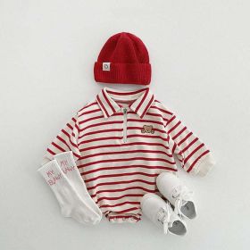 Baby Striped & Cartoon Patched Graphic Polo Neck Long Sleeves Bodysuit Onesies - 90 (12-24M) - Red