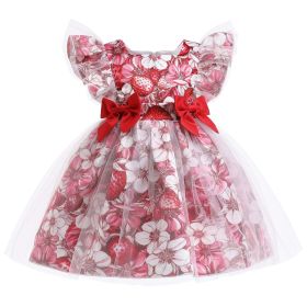 Baby Red Flower Graphic Mesh Patched Design Princess Cute Dress - 130 (7-8Y) - Red