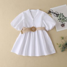 Baby Solid Color Waistband Patched Design Fashion Dress In Summer - 120 (5-7Y) - White