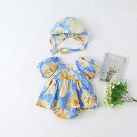 Baby Girls Floral Print Puff Sleeves Design Square Collar Onesies Dress In Summer With Hat - 90 (12-24M) - Blue