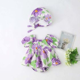 Baby Girls Floral Print Puff Sleeves Design Square Collar Onesies Dress In Summer With Hat - 90 (12-24M) - Purple