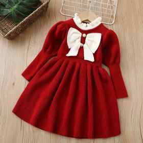 Baby Bow Patched Design Puff Sleeve Princess Dress - 130 (7-8Y) - Red