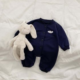 Baby Solid Color Single Breasted Design Long Sleeve Jumpsuit - 90 (12-24M) - Navy Blue (Dark Blue)