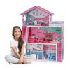 Wooden Dollhouse with Furniture 4-Rooms, with 18 Pcs Furniture & Accessories for Kids, Pink - as Pic