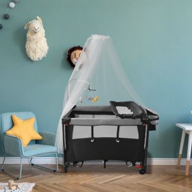 6 In 1 Foldable Baby Crib with Activity Center Diaper Changing Table Mosquito Net Mattress Music Box Toys Storage Tray Baby Bassinet Baby Sleeper - Bl