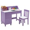 Kids Wooden Writing Furniture Set with Drawer and Storage Cabinet - Purple