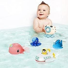 Toddlers Bath Toy; Manual Wind-Up Crab & Turtle Baby Bathtub Toys; Cute turtles; ducks and dolphins; Birthday for 2 3 4 5 6 Years Old; 6Pcs +1 Organiz