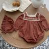 Baby Girl 1pcs Embroidered Pattern Lace Collar Square Neck Bodysuit With Hat - 66 (3-6M) - Apricot