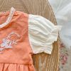 Baby Girl Floral Embroidery Patchwork Design Puff-Sleeved Onesies - 66 (3-6M) - Orange