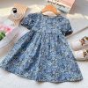 Baby Girl Floral Embroidered Pattern Lace Patchwork Design Backless Puff-Sleeved Dress - 90 (12-24M) - Blue