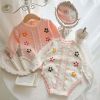 Baby Girl Flower Embroidered Pattern Button Front Design Knit Bodysuit - 66 (3-6M) - Pink