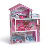 Wooden Dollhouse with Furniture 4-Rooms, with 18 Pcs Furniture & Accessories for Kids, Pink - as Pic