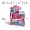 Wooden Dollhouse with Furniture 4-Rooms, with 18 Pcs Furniture & Accessories for Kids, Pink - as Pic