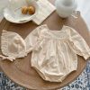 Baby Girl 1pcs Embroidered Pattern Lace Collar Square Neck Bodysuit With Hat - 66 (3-6M) - Apricot