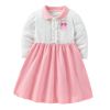 Baby Girl Bow Emrboidered Pattern Polo Neck Strried Dress - 90 (12-24M) - Pink