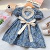 Baby Girl Floral Embroidered Pattern Lace Patchwork Design Backless Puff-Sleeved Dress - 90 (12-24M) - Blue